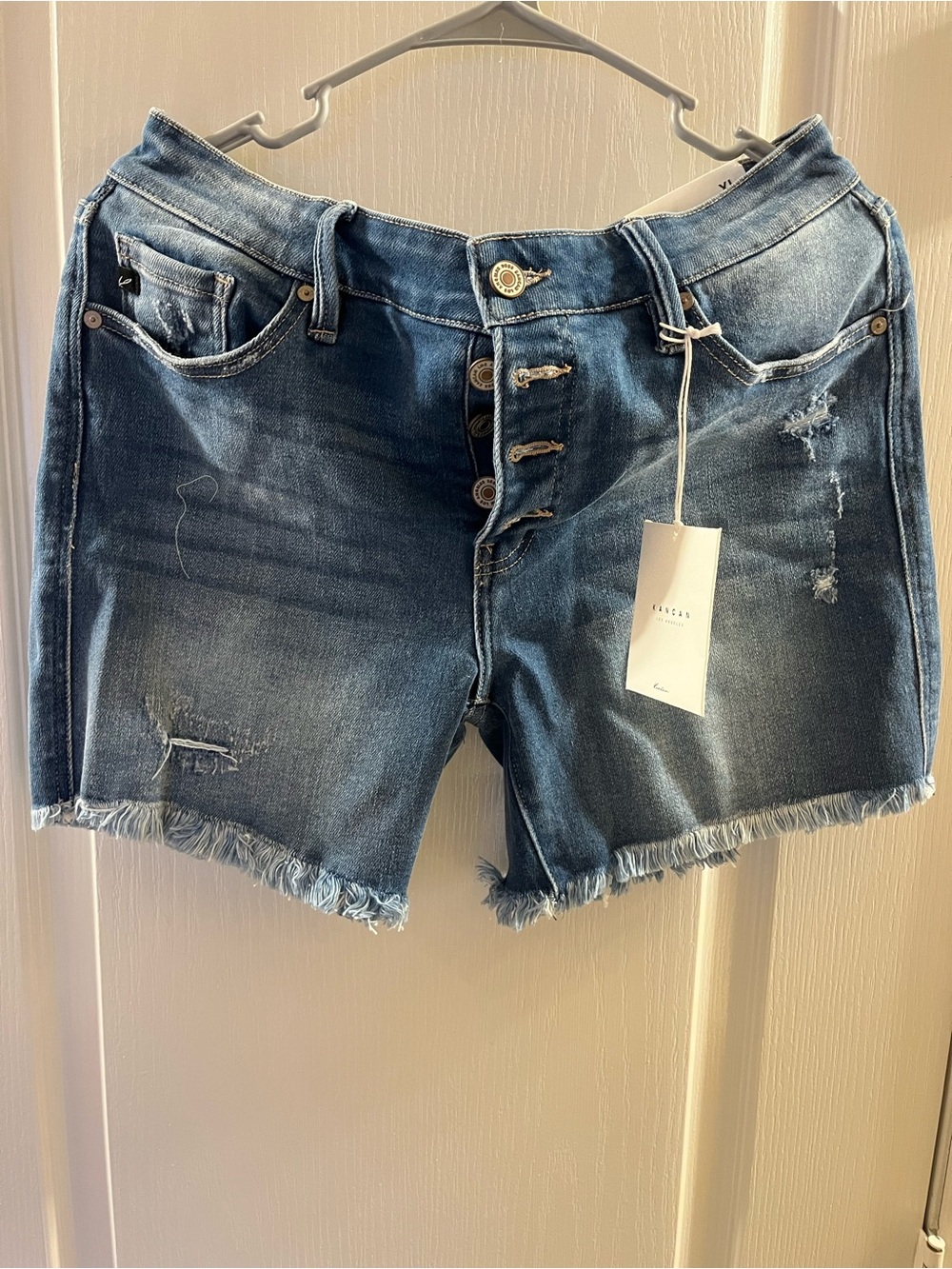 KanCan Mid-Rise Distressed Button-Fly Denim Shorts - Blue